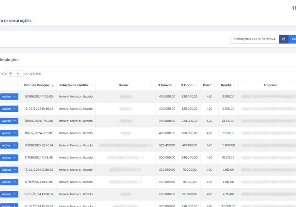 Pagina Simulações de Financiamento