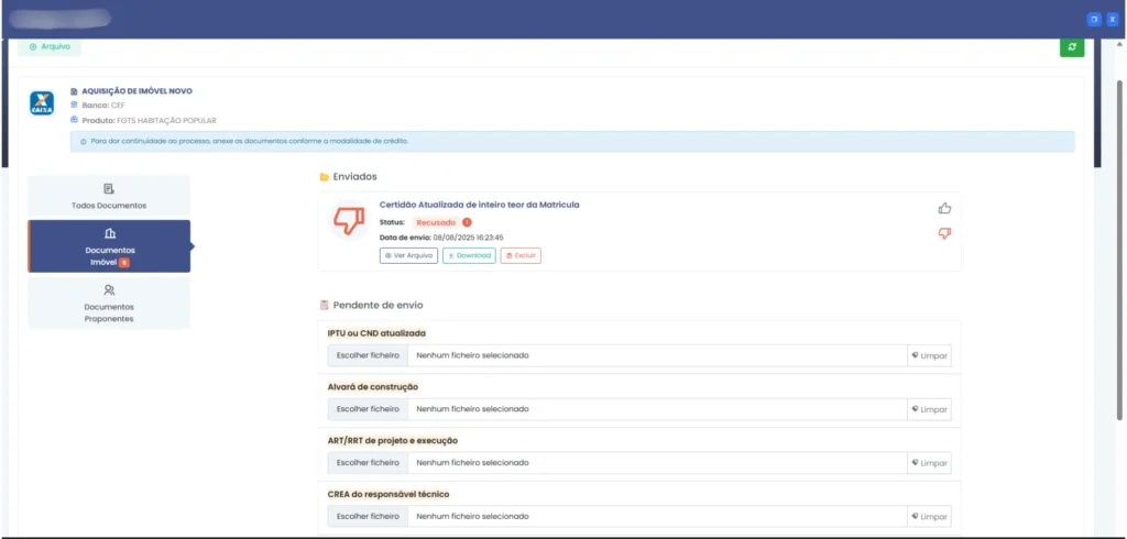 Armazenamento de documentação de crédito imobiliário organizado por cliente